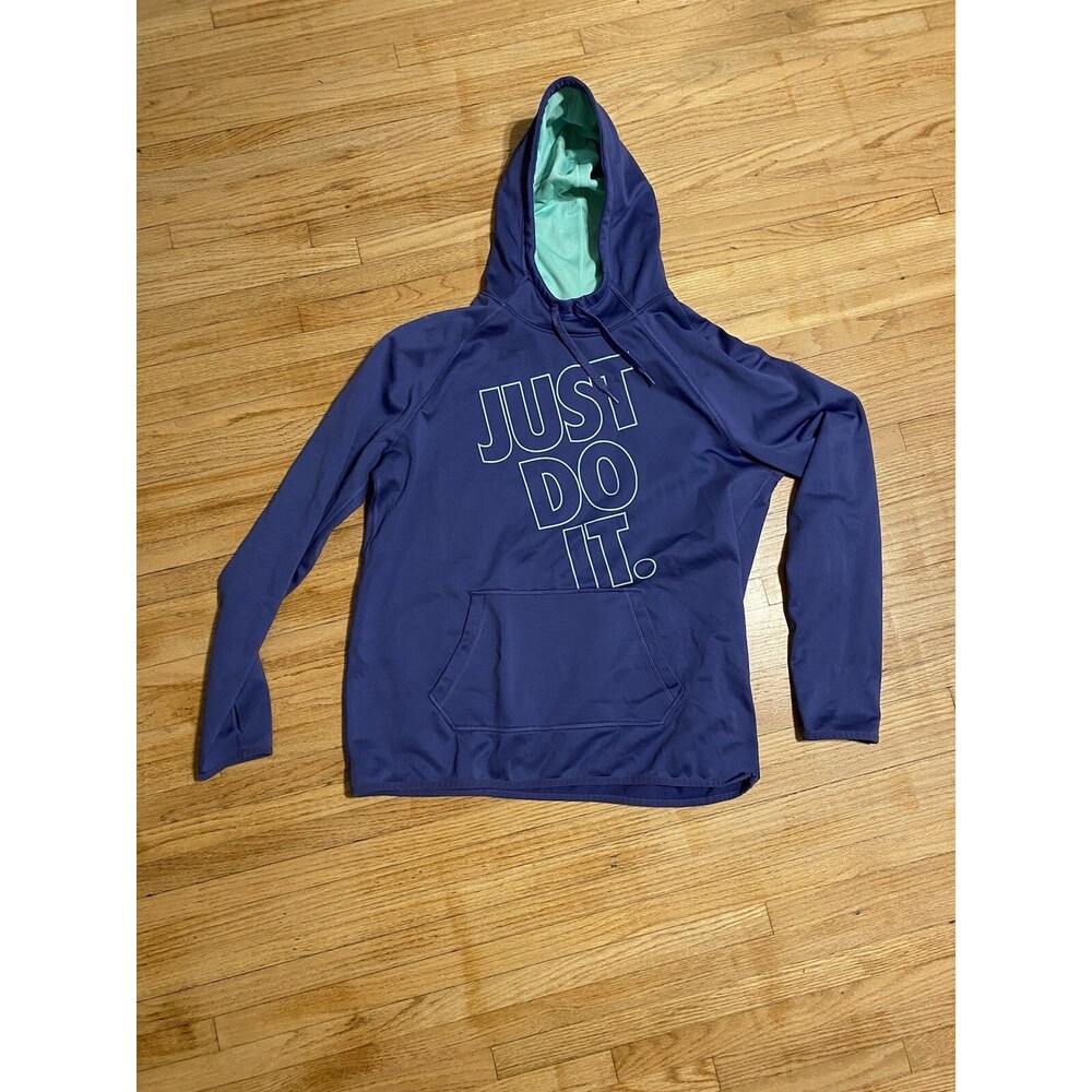 Nike Women Large Just Do It Pullover Hoodie Hooded Pocket Blue Finger Holes
